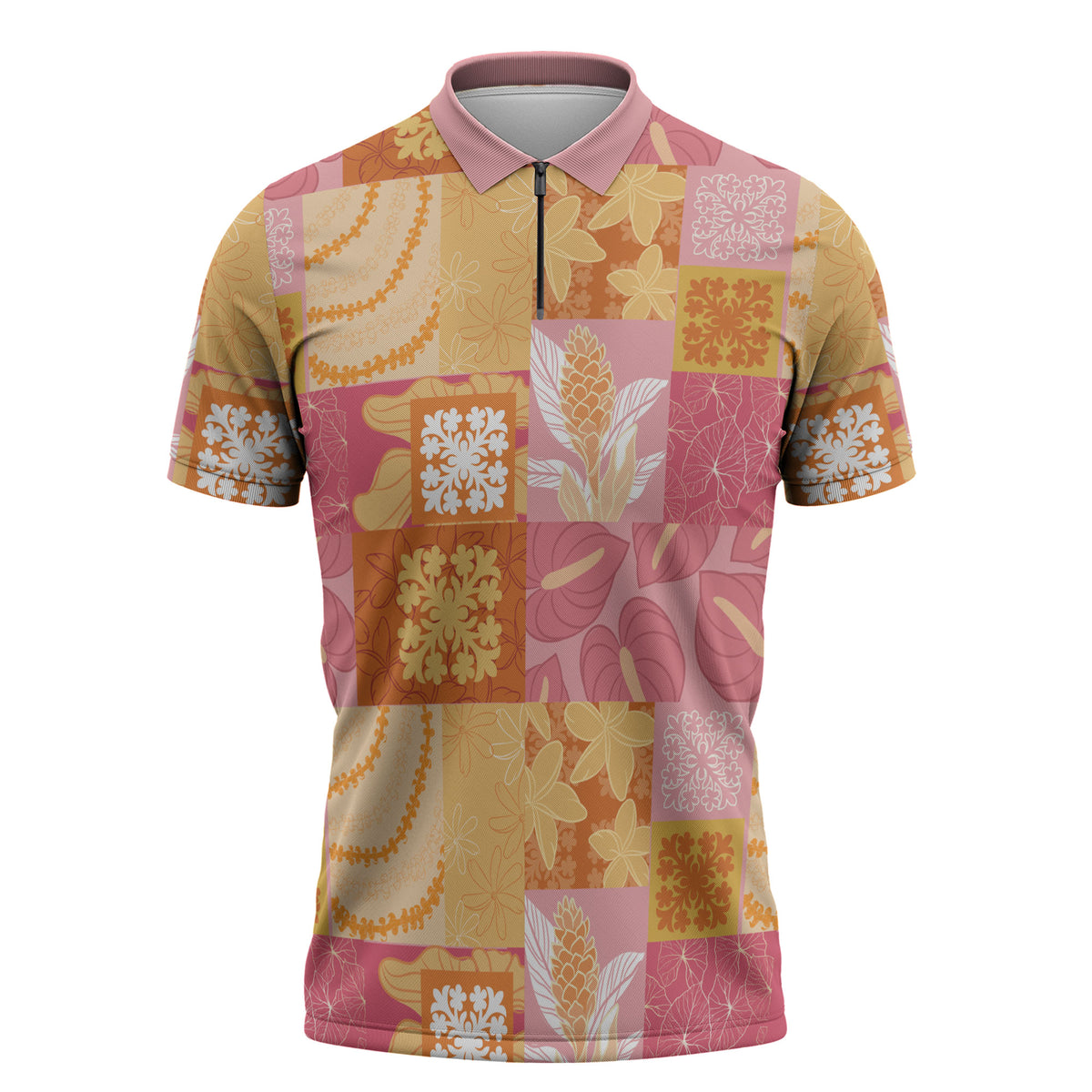 Aloha Hawaii Quilt Floral Patchwork Style Zipper Polo Shirt