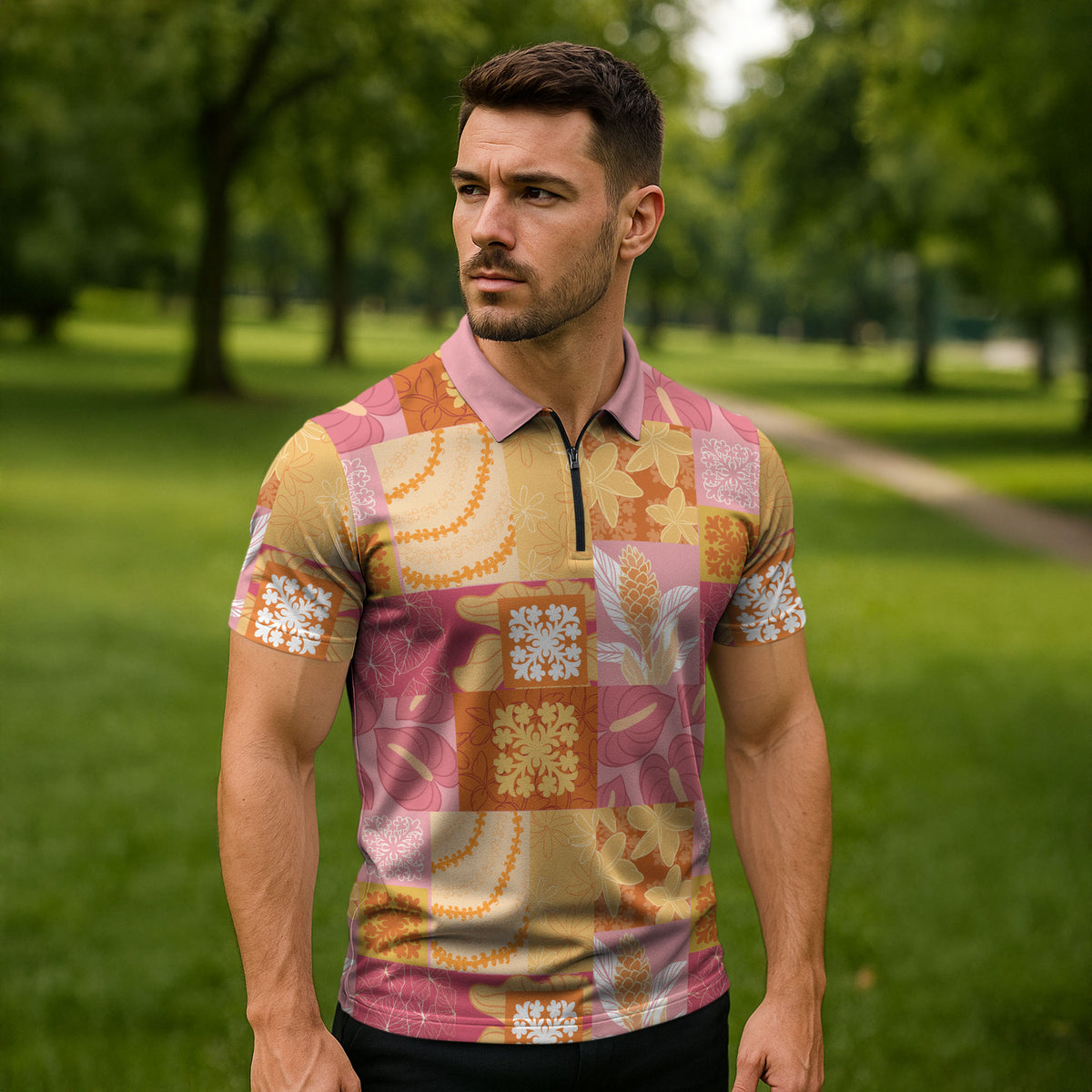 Aloha Hawaii Quilt Floral Patchwork Style Zipper Polo Shirt