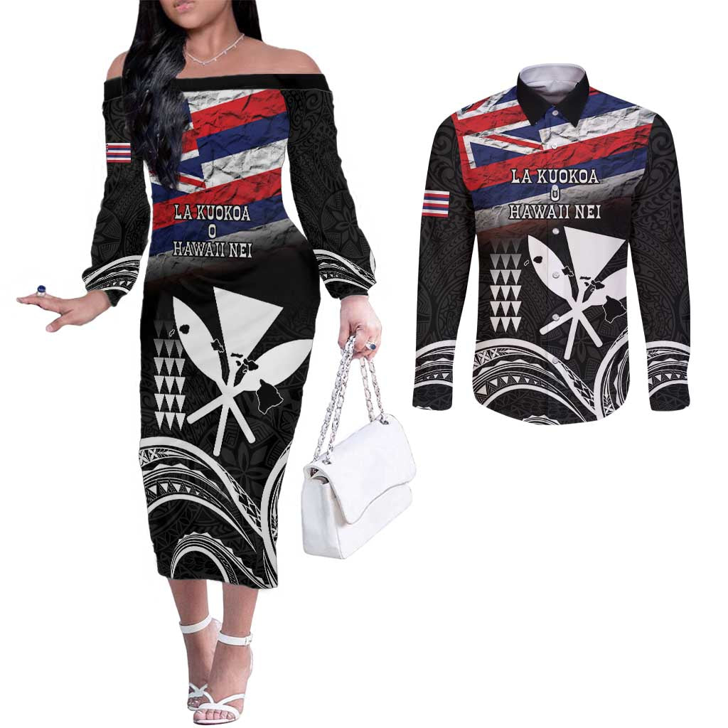 Hawaii Independence Day Couples Matching Off The Shoulder Long Sleeve Dress and Long Sleeve Button Shirt La Kuokoa - Happy 28th November