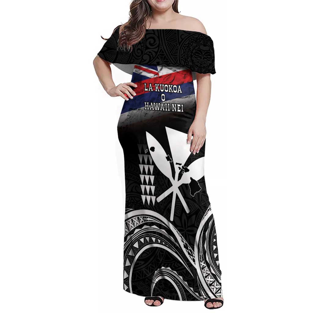 Hawaii Independence Day Family Matching Off Shoulder Maxi Dress and Hawaiian Shirt La Kuokoa - Happy 28th November LT14 Mom's Dress Black - Polynesian Pride