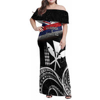Hawaii Independence Day Family Matching Off Shoulder Maxi Dress and Hawaiian Shirt La Kuokoa - Happy 28th November LT14 Mom's Dress Black - Polynesian Pride