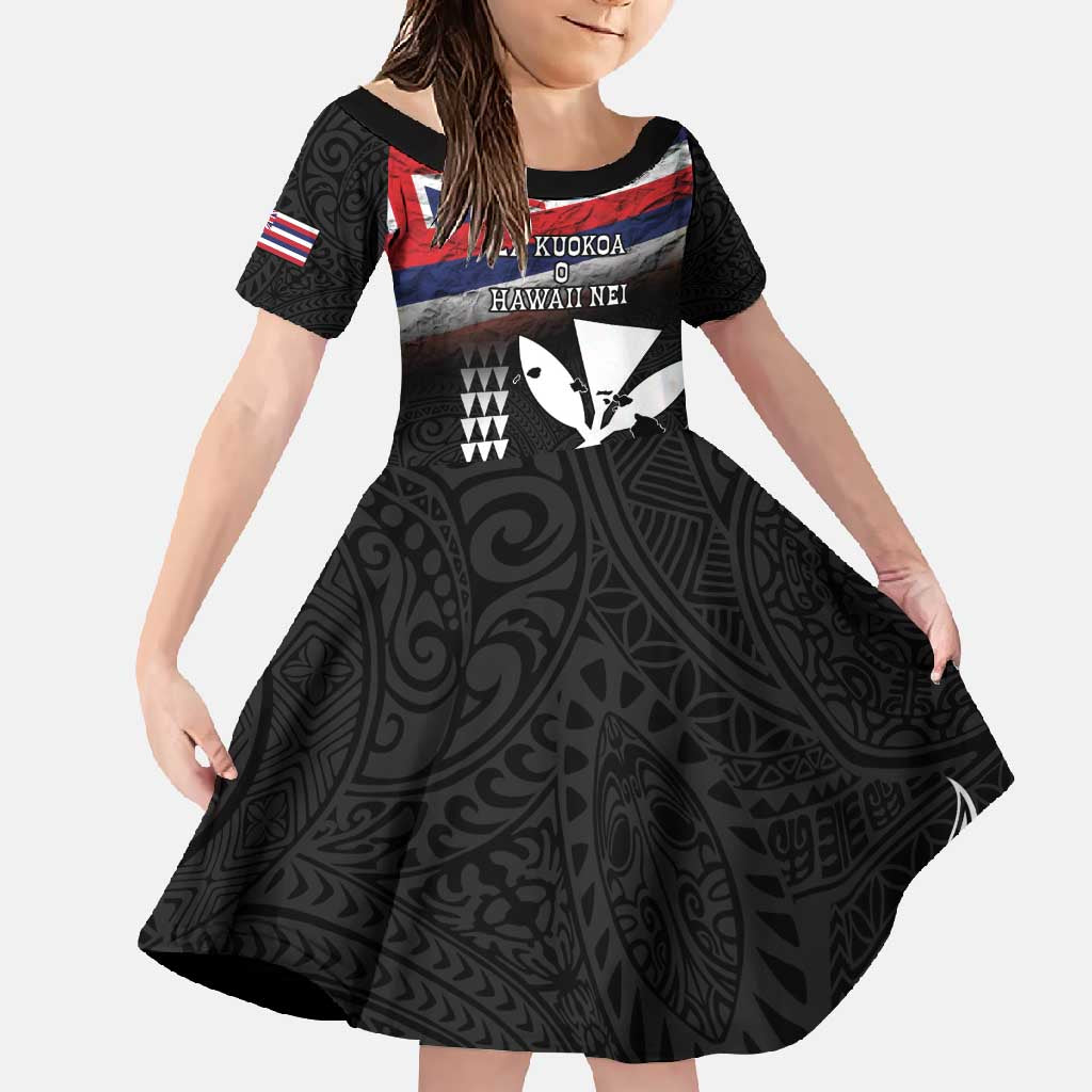 Hawaii Independence Day Family Matching Summer Maxi Dress and Hawaiian Shirt La Kuokoa - Happy 28th November LT14 Daughter's Dress Black - Polynesian Pride