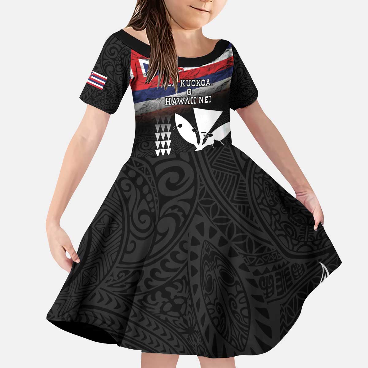 Hawaii Independence Day Kid Short Sleeve Dress La Kuokoa - Happy 28th November LT14 KID Black - Polynesian Pride