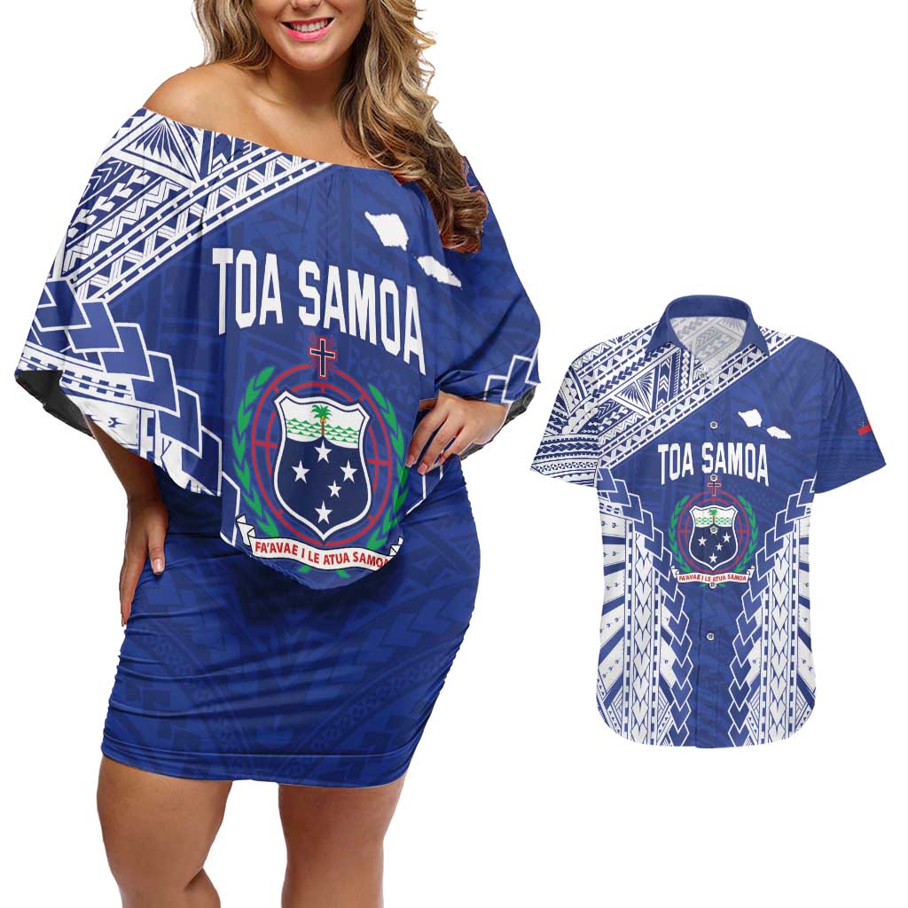 Toa Samoa Rugby Custom Couples Matching Off Shoulder Short Dress and Hawaiian Shirt Go Champions Pacific Samoan Pattern - Polynesian Pride