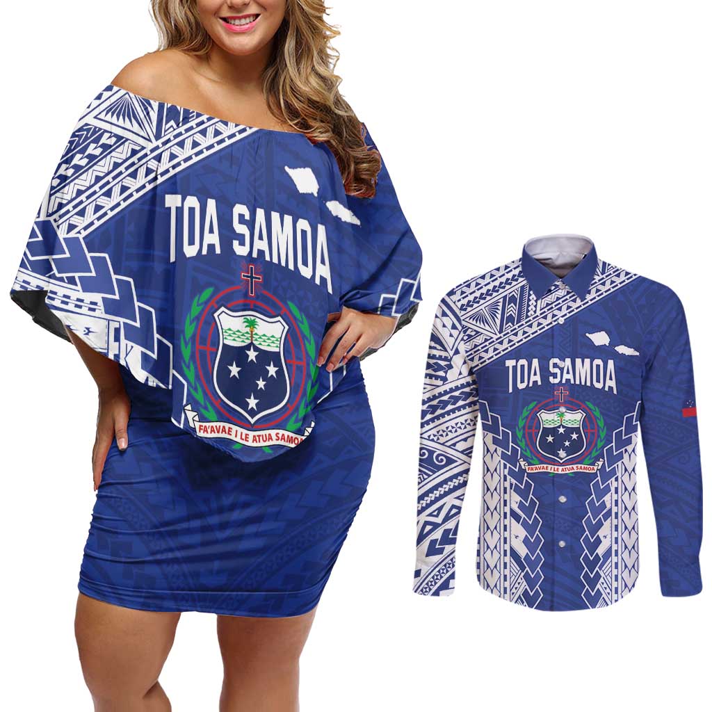Toa Samoa Rugby Custom Couples Matching Off Shoulder Short Dress and Long Sleeve Button Shirt Go Champions Pacific Samoan Pattern - Polynesian Pride