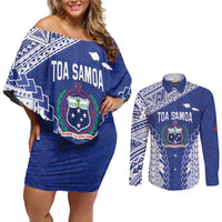 Toa Samoa Rugby Custom Couples Matching Off Shoulder Short Dress and Long Sleeve Button Shirt Go Champions Pacific Samoan Pattern - Polynesian Pride