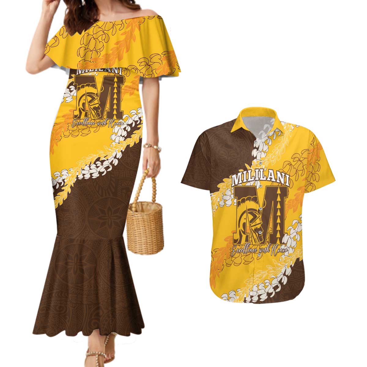 Personalized Mililani Hawaii High School Couples Matching Mermaid Dress and Hawaiian Shirt Puakenikeni Lei Hawaiian Pattern - Polynesian Pride