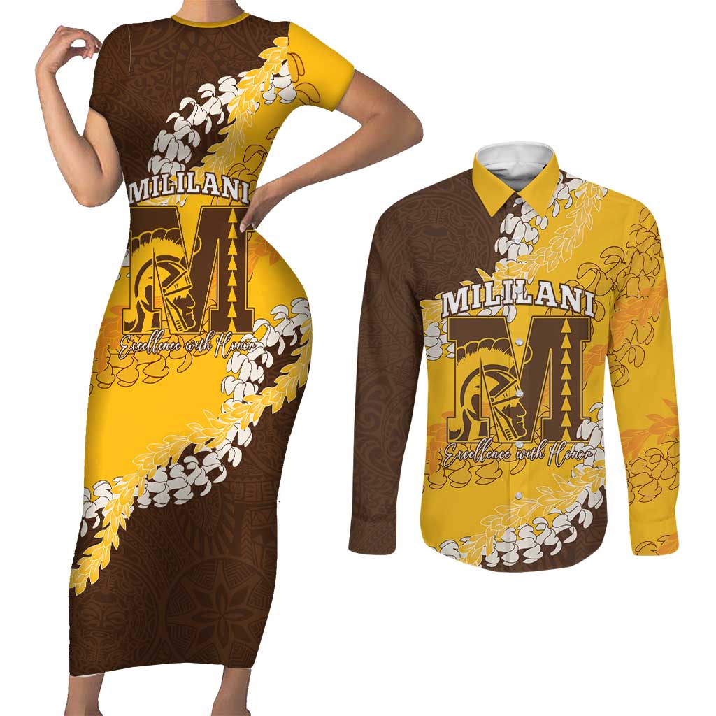 Personalized Mililani Hawaii High School Couples Matching Short Sleeve Bodycon Dress and Long Sleeve Button Shirt Puakenikeni Lei Hawaiian Pattern - Polynesian Pride