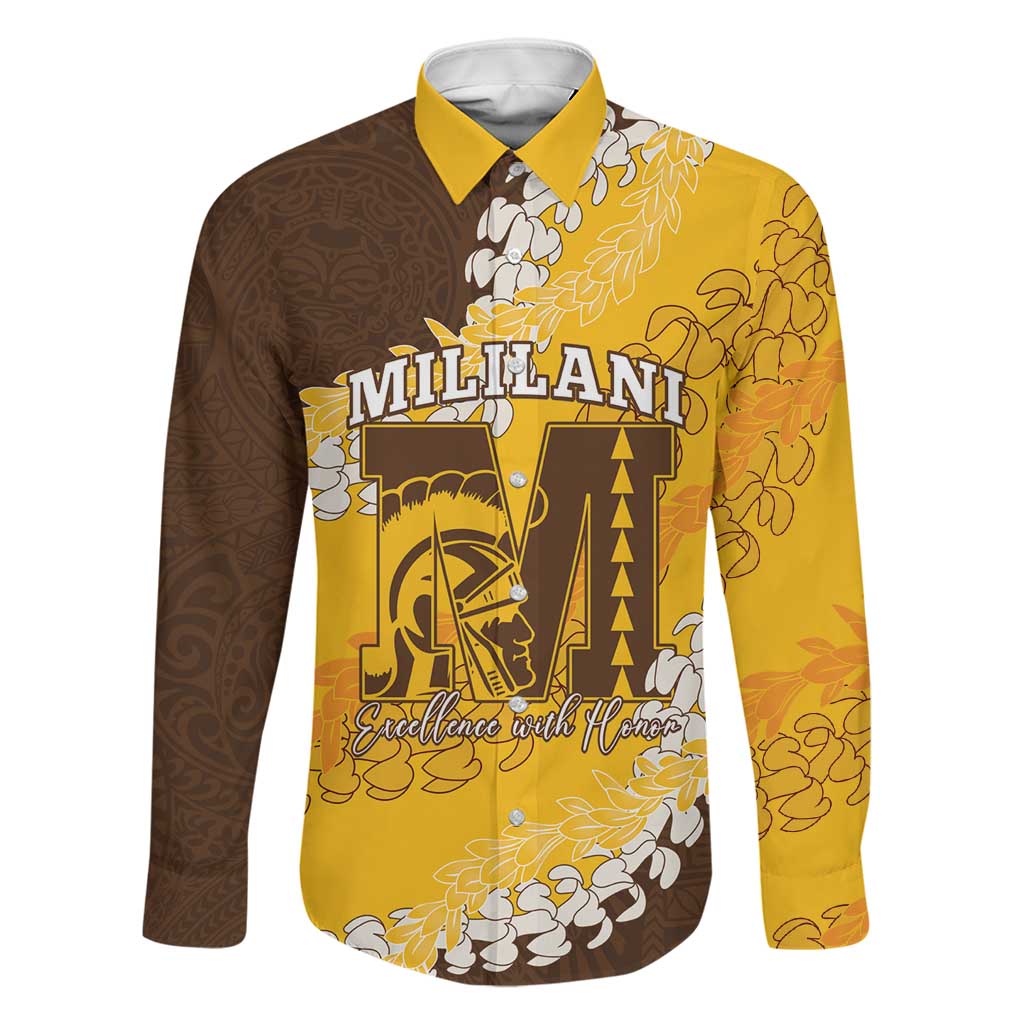 Personalized Mililani Hawaii High School Family Matching Off Shoulder Maxi Dress and Hawaiian Shirt Puakenikeni Lei Hawaiian Pattern LT14 Dad's Shirt - Long Sleeve Yellow - Polynesian Pride