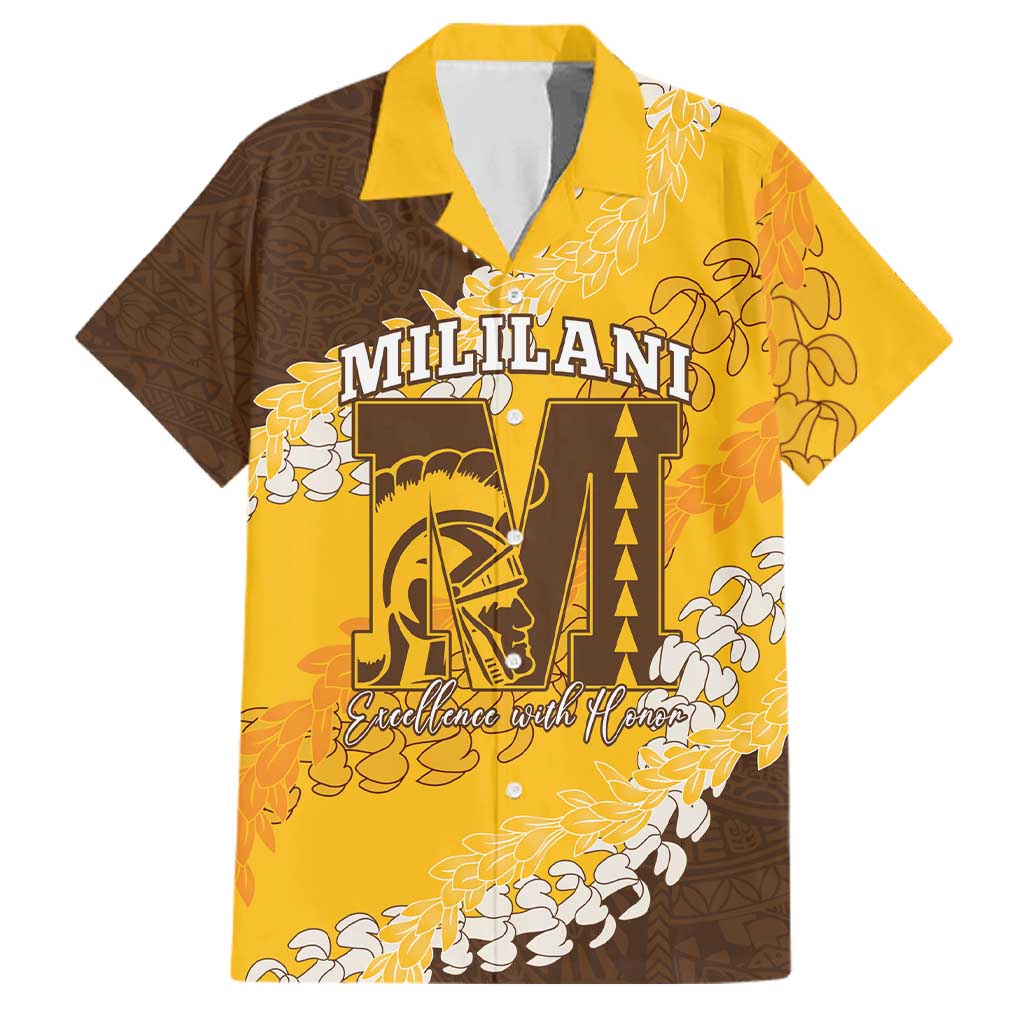 Personalized Mililani Hawaii High School Family Matching Off Shoulder Short Dress and Hawaiian Shirt Puakenikeni Lei Hawaiian Pattern LT14 Dad's Shirt - Short Sleeve Yellow - Polynesian Pride