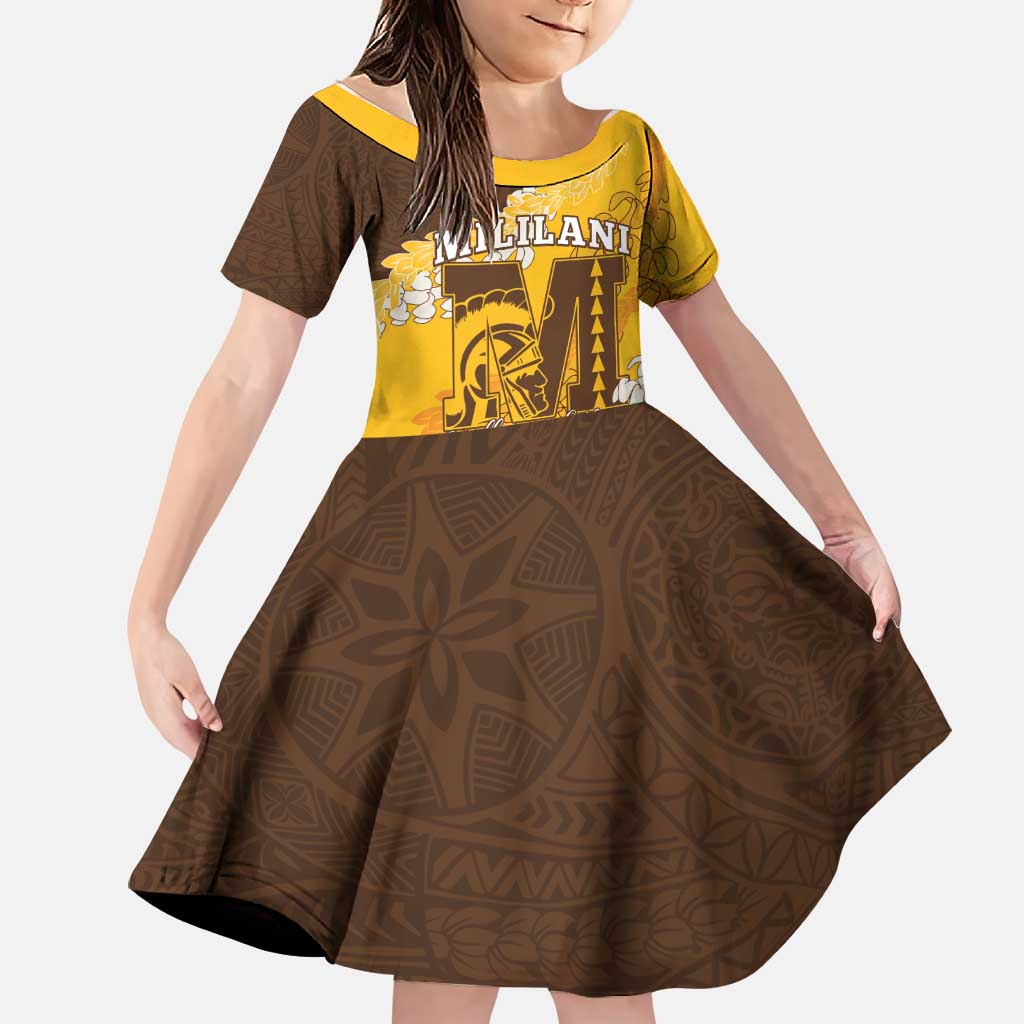 Personalized Mililani Hawaii High School Family Matching Summer Maxi Dress and Hawaiian Shirt Puakenikeni Lei Hawaiian Pattern LT14 Daughter's Dress Yellow - Polynesian Pride