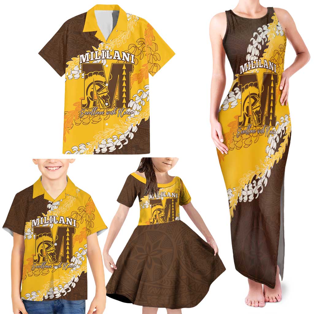 Personalized Mililani Hawaii High School Family Matching Tank Maxi Dress and Hawaiian Shirt Puakenikeni Lei Hawaiian Pattern LT14 - Polynesian Pride
