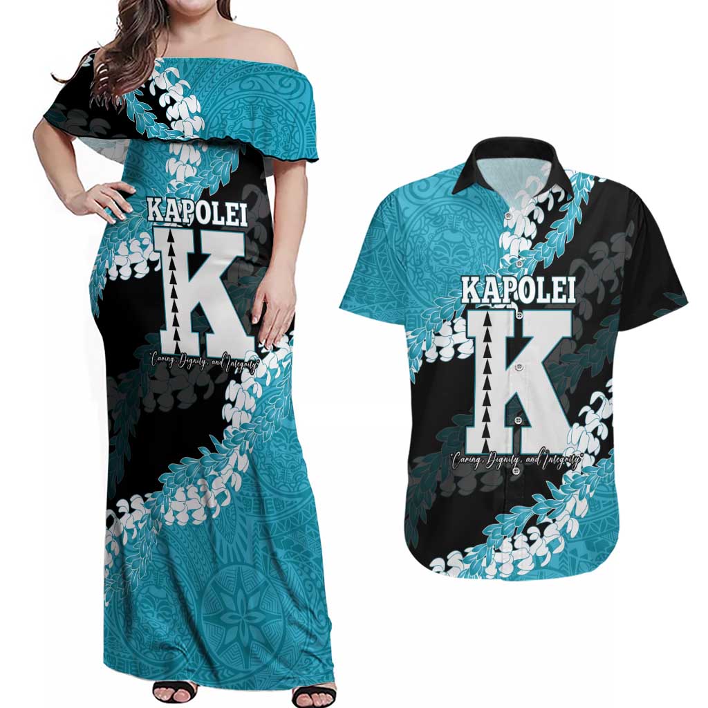 Personalized Kapolei Hawaii High School Couples Matching Off Shoulder Maxi Dress and Hawaiian Shirt Puakenikeni Lei Hawaiian Pattern - Polynesian Pride