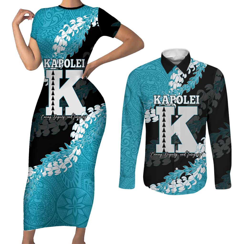 Personalized Kapolei Hawaii High School Couples Matching Short Sleeve Bodycon Dress and Long Sleeve Button Shirt Puakenikeni Lei Hawaiian Pattern - Polynesian Pride