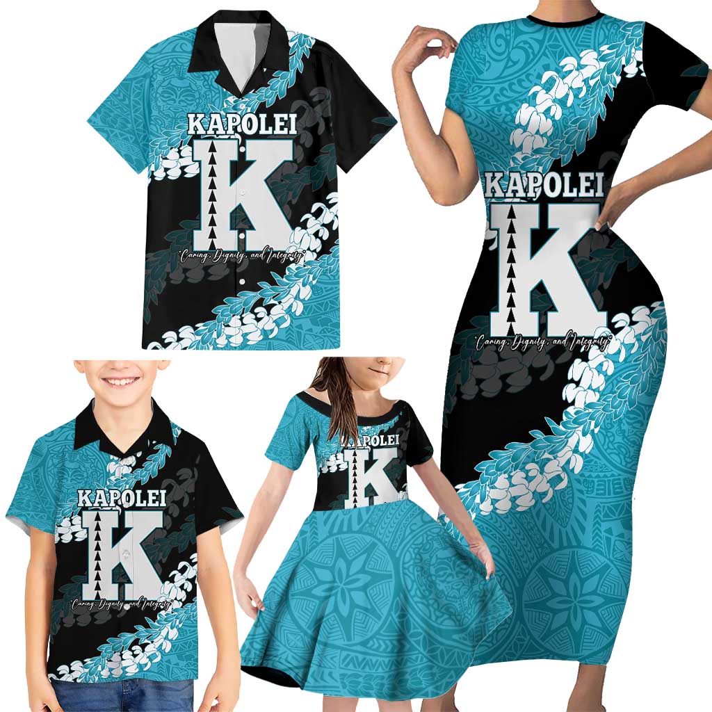 Personalized Kapolei Hawaii High School Family Matching Short Sleeve Bodycon Dress and Hawaiian Shirt Puakenikeni Lei Hawaiian Pattern - Polynesian Pride