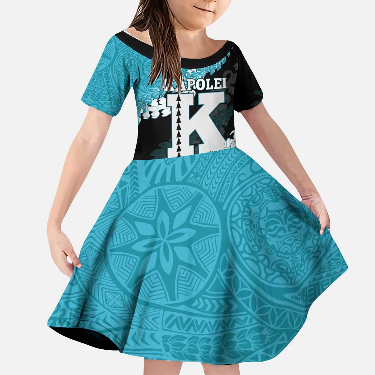 Personalized Kapolei Hawaii High School Kid Short Sleeve Dress Puakenikeni Lei Hawaiian Pattern - Polynesian Pride