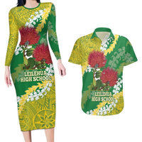 Personalized Leilehua Hawaii High School Couples Matching Long Sleeve Bodycon Dress and Hawaiian Shirt Puakenikeni Lei Hawaiian Pattern LT14 Green - Polynesian Pride