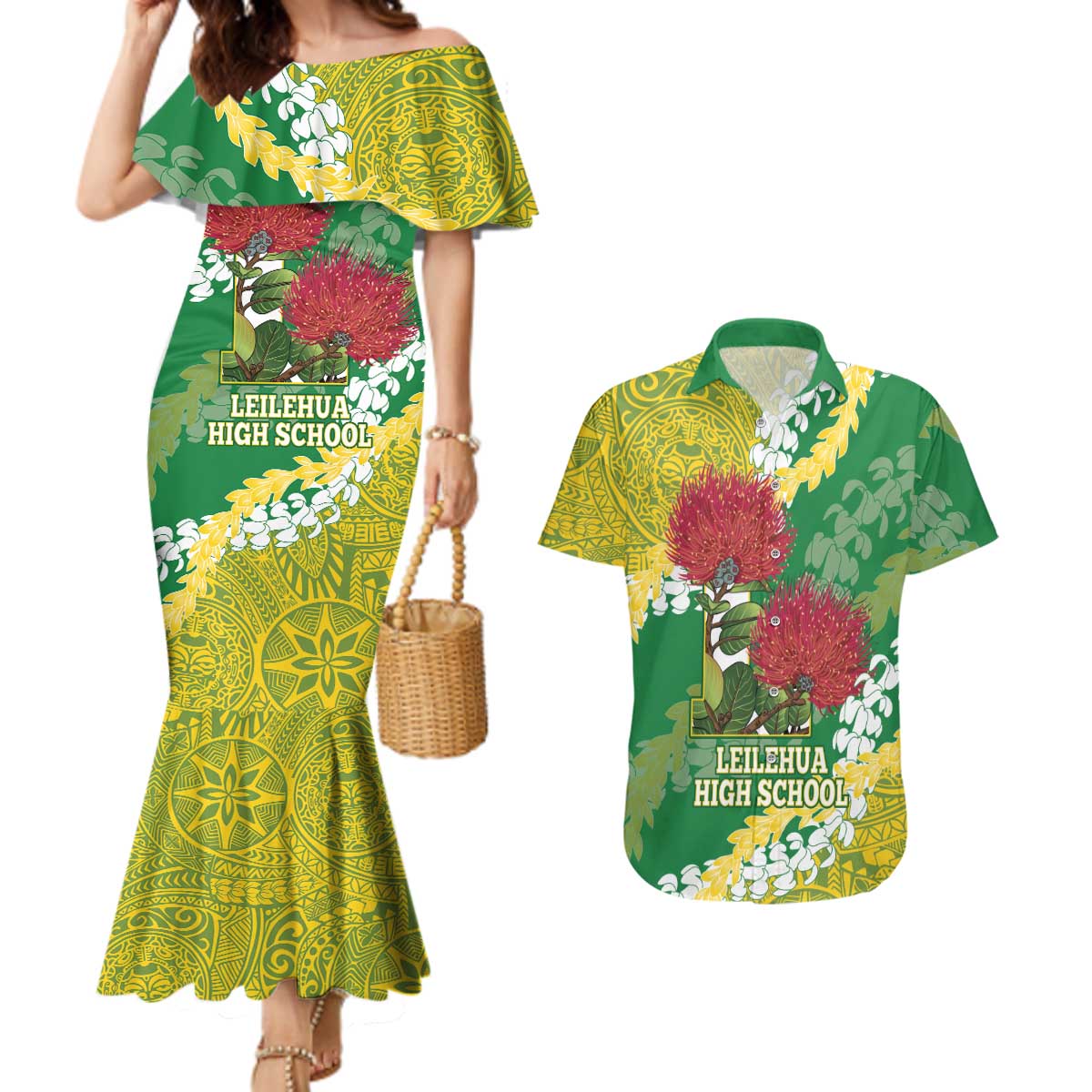 Personalized Leilehua Hawaii High School Couples Matching Mermaid Dress and Hawaiian Shirt Puakenikeni Lei Hawaiian Pattern - Polynesian Pride
