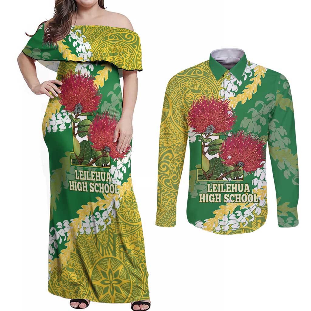 Personalized Leilehua Hawaii High School Couples Matching Off Shoulder Maxi Dress and Long Sleeve Button Shirt Puakenikeni Lei Hawaiian Pattern - Polynesian Pride