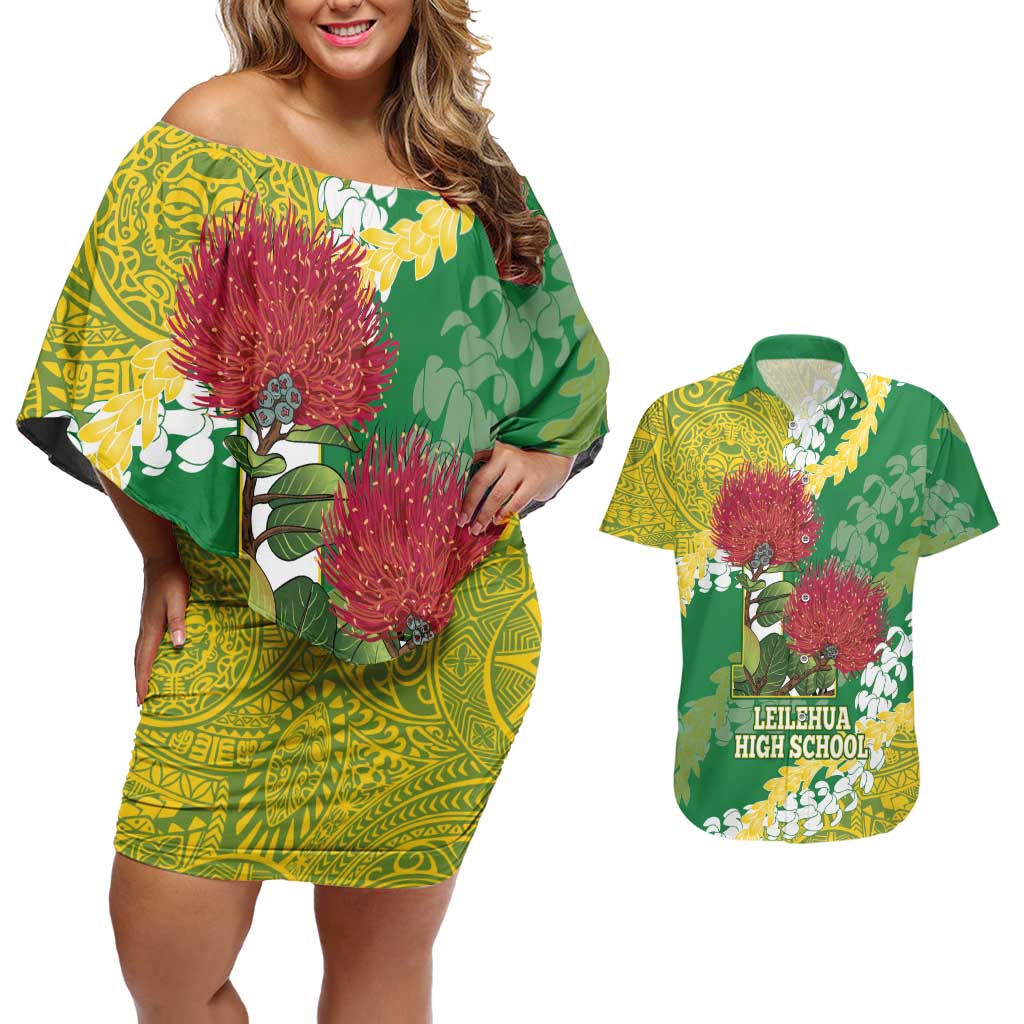 Personalized Leilehua Hawaii High School Couples Matching Off Shoulder Short Dress and Hawaiian Shirt Puakenikeni Lei Hawaiian Pattern - Polynesian Pride