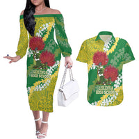 Personalized Leilehua Hawaii High School Couples Matching Off The Shoulder Long Sleeve Dress and Hawaiian Shirt Puakenikeni Lei Hawaiian Pattern LT14 Green - Polynesian Pride