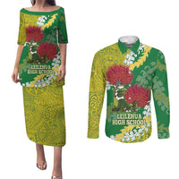 Personalized Leilehua Hawaii High School Couples Matching Puletasi and Long Sleeve Button Shirt Puakenikeni Lei Hawaiian Pattern - Polynesian Pride