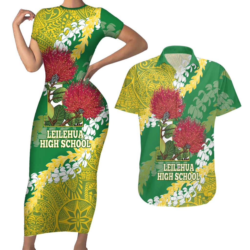 Personalized Leilehua Hawaii High School Couples Matching Short Sleeve Bodycon Dress and Hawaiian Shirt Puakenikeni Lei Hawaiian Pattern LT14 Green - Polynesian Pride