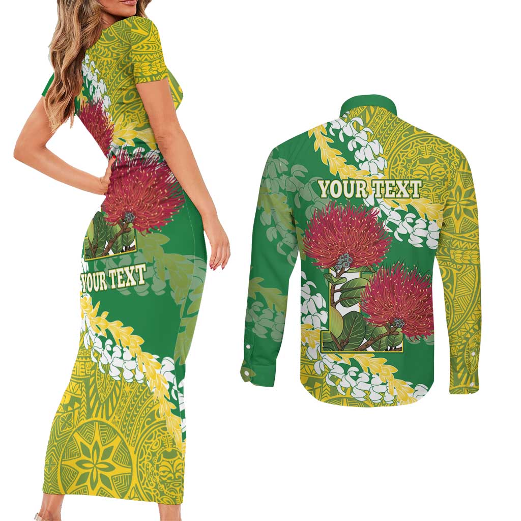 Personalized Leilehua Hawaii High School Couples Matching Short Sleeve Bodycon Dress and Long Sleeve Button Shirt Puakenikeni Lei Hawaiian Pattern - Polynesian Pride