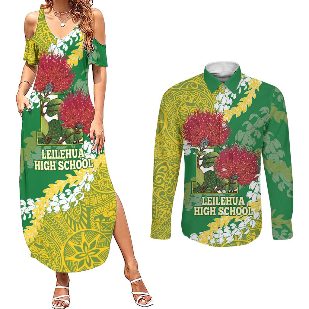 Personalized Leilehua Hawaii High School Couples Matching Summer Maxi Dress and Long Sleeve Button Shirt Puakenikeni Lei Hawaiian Pattern LT14 Green - Polynesian Pride