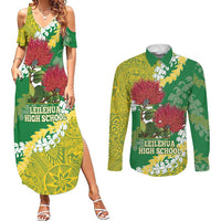 Personalized Leilehua Hawaii High School Couples Matching Summer Maxi Dress and Long Sleeve Button Shirt Puakenikeni Lei Hawaiian Pattern LT14 Green - Polynesian Pride