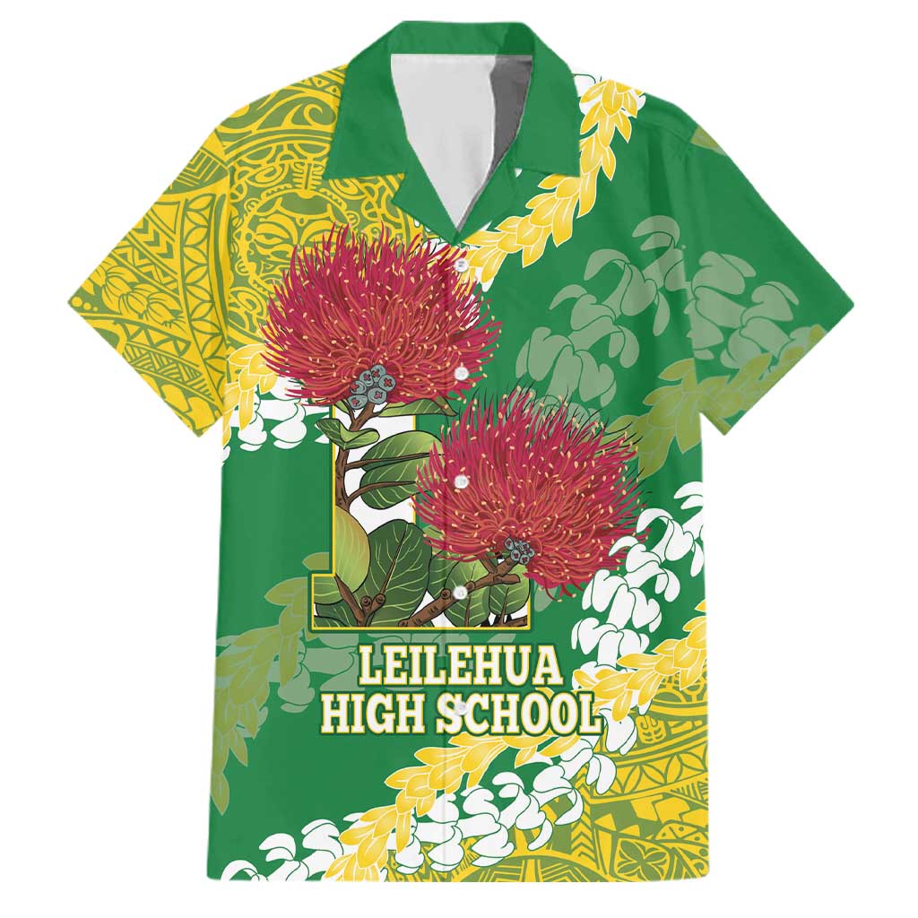 Personalized Leilehua Hawaii High School Family Matching Mermaid Dress and Hawaiian Shirt Puakenikeni Lei Hawaiian Pattern LT14 Dad's Shirt - Short Sleeve Green - Polynesian Pride