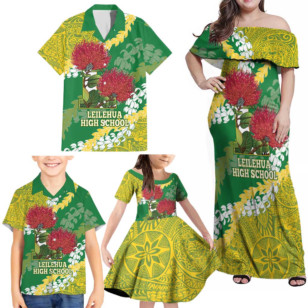Personalized Leilehua Hawaii High School Family Matching Off Shoulder Maxi Dress and Hawaiian Shirt Puakenikeni Lei Hawaiian Pattern LT14 - Polynesian Pride