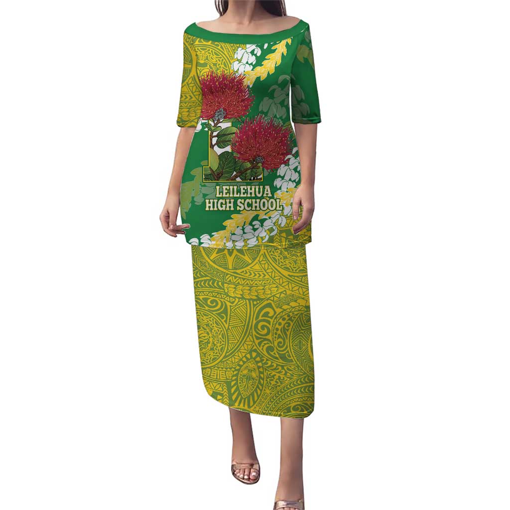Personalized Leilehua Hawaii High School Family Matching Puletasi and Hawaiian Shirt Puakenikeni Lei Hawaiian Pattern LT14 Mom's Dress Green - Polynesian Pride