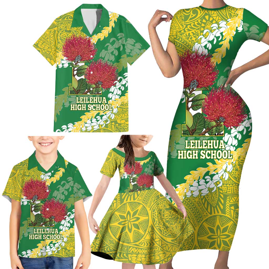 Personalized Leilehua Hawaii High School Family Matching Short Sleeve Bodycon Dress and Hawaiian Shirt Puakenikeni Lei Hawaiian Pattern - Polynesian Pride