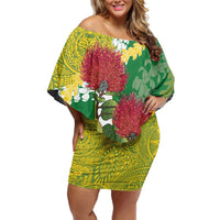 Personalized Leilehua Hawaii High School Off Shoulder Short Dress Puakenikeni Lei Hawaiian Pattern LT14 Women Green - Polynesian Pride