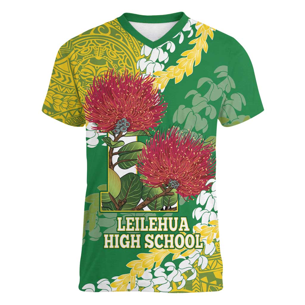 Personalized Leilehua Hawaii High School Women V-Neck T-Shirt Puakenikeni Lei Hawaiian Pattern - Polynesian Pride