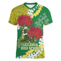 Personalized Leilehua Hawaii High School Women V-Neck T-Shirt Puakenikeni Lei Hawaiian Pattern - Polynesian Pride