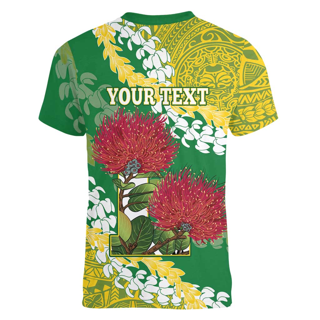 Personalized Leilehua Hawaii High School Women V-Neck T-Shirt Puakenikeni Lei Hawaiian Pattern - Polynesian Pride