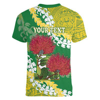 Personalized Leilehua Hawaii High School Women V-Neck T-Shirt Puakenikeni Lei Hawaiian Pattern - Polynesian Pride