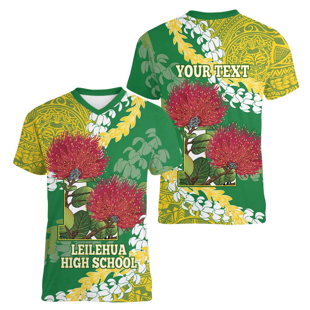 Personalized Leilehua Hawaii High School Women V-Neck T-Shirt Puakenikeni Lei Hawaiian Pattern - Polynesian Pride