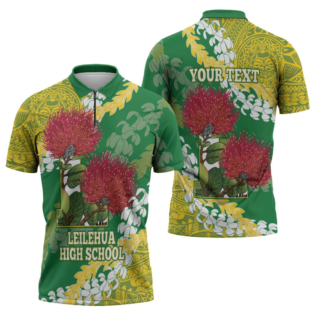 Personalized Leilehua Hawaii High School Zipper Polo Shirt Puakenikeni Lei Hawaiian Pattern - Polynesian Pride