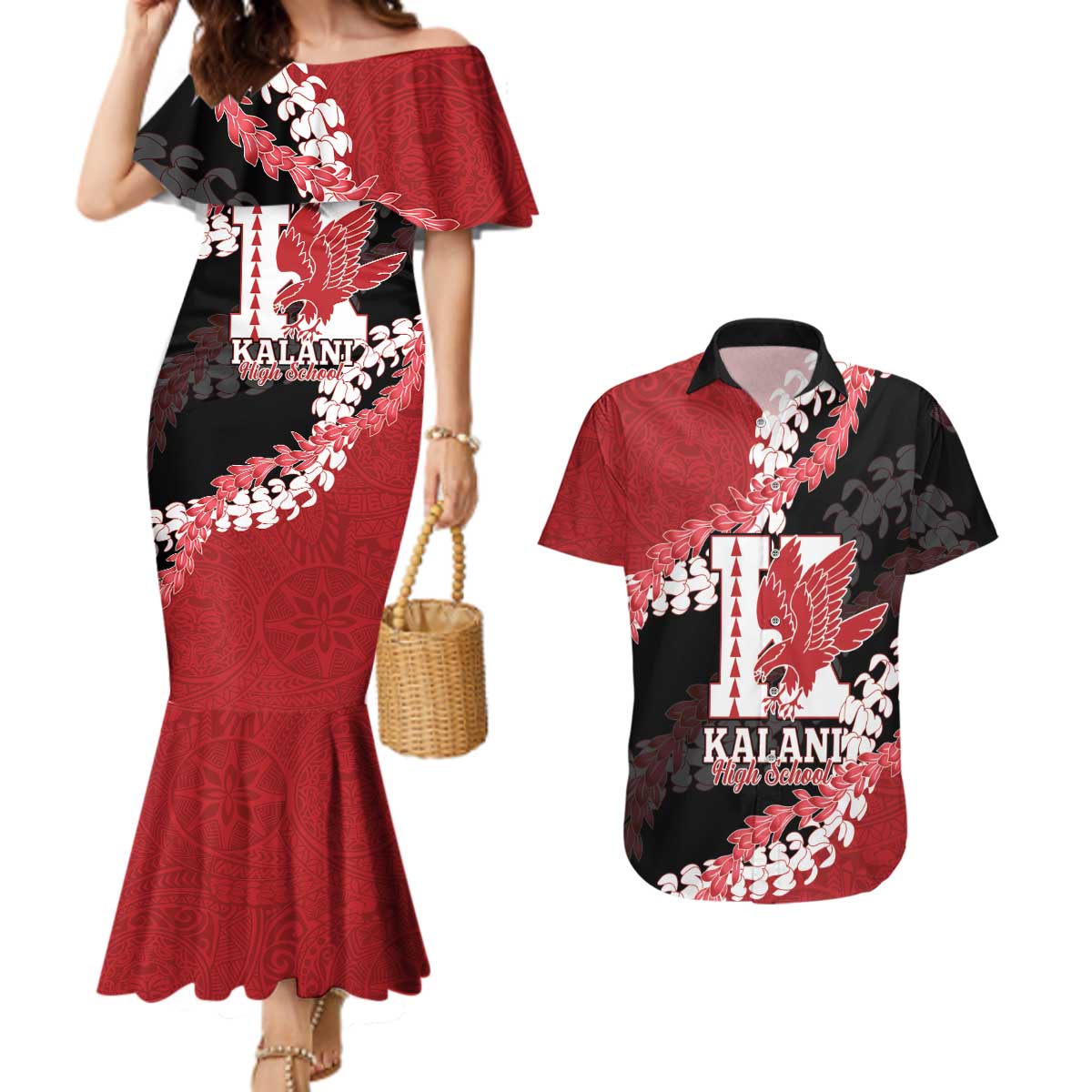 Personalized Kalani Hawaii High School Couples Matching Mermaid Dress and Hawaiian Shirt Puakenikeni Lei Hawaiian Pattern - Polynesian Pride