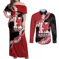 Personalized Kalani Hawaii High School Couples Matching Off Shoulder Maxi Dress and Long Sleeve Button Shirt Puakenikeni Lei Hawaiian Pattern LT14 Red - Polynesian Pride