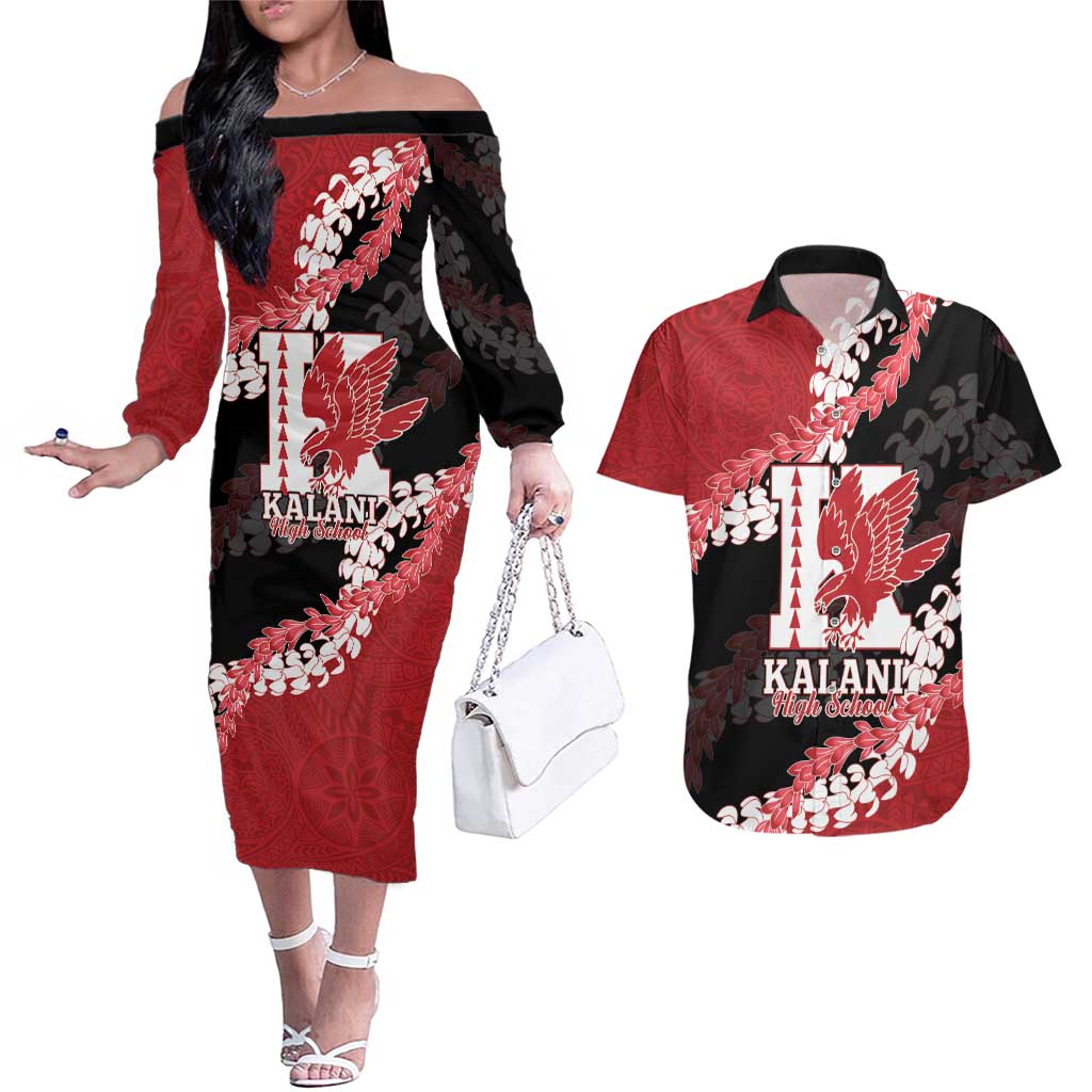 Personalized Kalani Hawaii High School Couples Matching Off The Shoulder Long Sleeve Dress and Hawaiian Shirt Puakenikeni Lei Hawaiian Pattern - Polynesian Pride