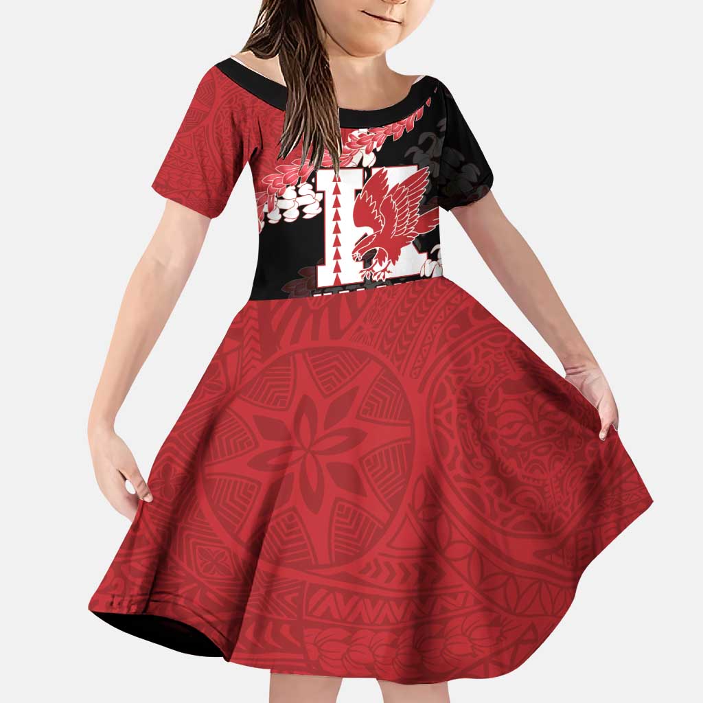 Personalized Kalani Hawaii High School Family Matching Off The Shoulder Long Sleeve Dress and Hawaiian Shirt Puakenikeni Lei Hawaiian Pattern LT14 Daughter's Dress Red - Polynesian Pride