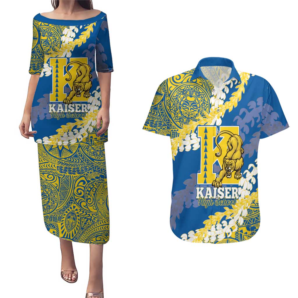 Personalized Kaiser Hawaii High School Couples Matching Puletasi and Hawaiian Shirt Puakenikeni Lei Hawaiian Pattern - Polynesian Pride