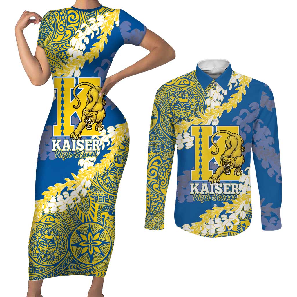 Personalized Kaiser Hawaii High School Couples Matching Short Sleeve Bodycon Dress and Long Sleeve Button Shirt Puakenikeni Lei Hawaiian Pattern - Polynesian Pride