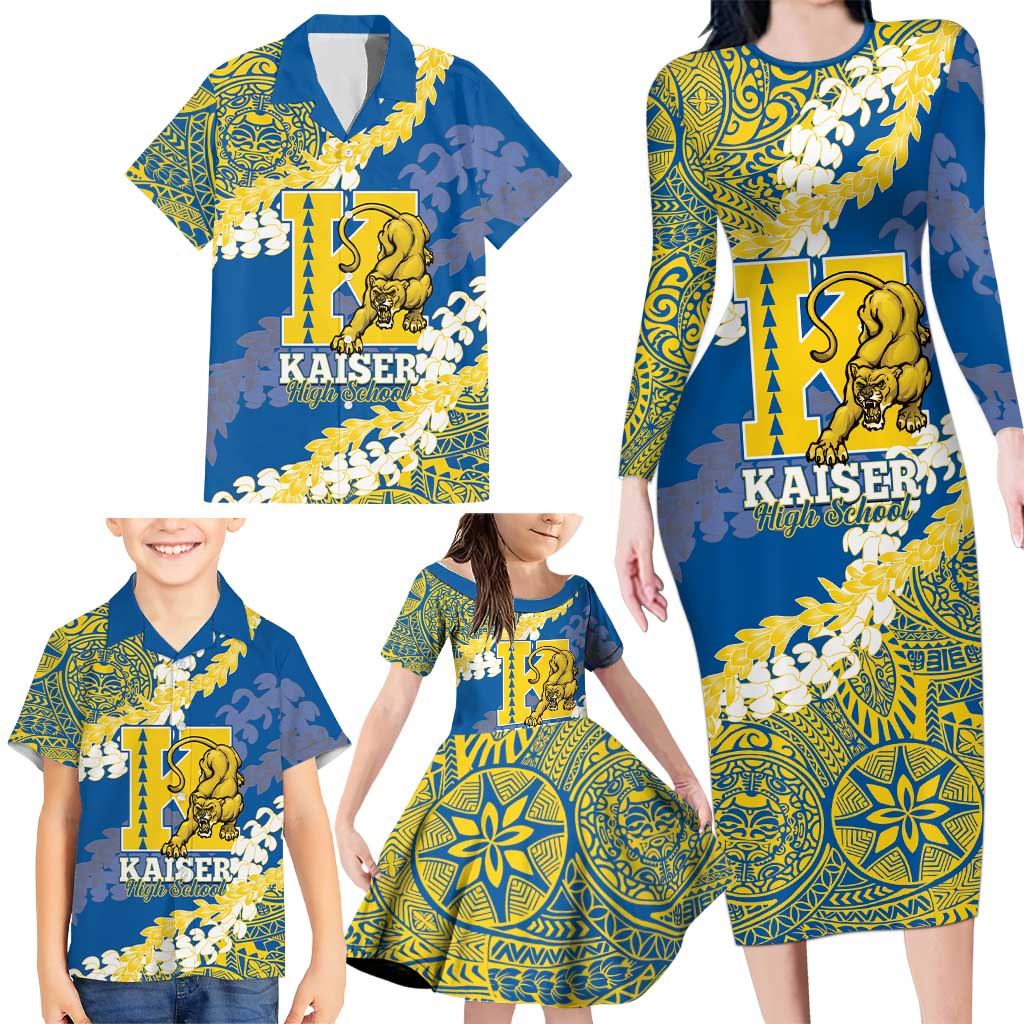 Personalized Kaiser Hawaii High School Family Matching Long Sleeve Bodycon Dress and Hawaiian Shirt Puakenikeni Lei Hawaiian Pattern LT14 - Polynesian Pride