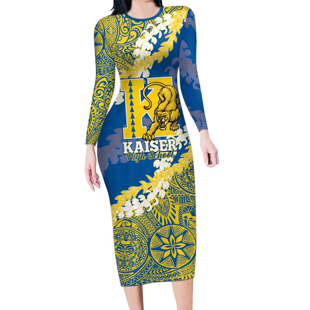 Personalized Kaiser Hawaii High School Family Matching Long Sleeve Bodycon Dress and Hawaiian Shirt Puakenikeni Lei Hawaiian Pattern LT14 Mom's Dress Blue - Polynesian Pride