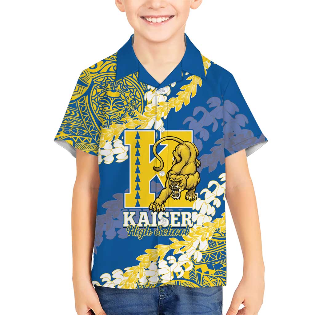 Personalized Kaiser Hawaii High School Family Matching Long Sleeve Bodycon Dress and Hawaiian Shirt Puakenikeni Lei Hawaiian Pattern LT14 Son's Shirt Blue - Polynesian Pride